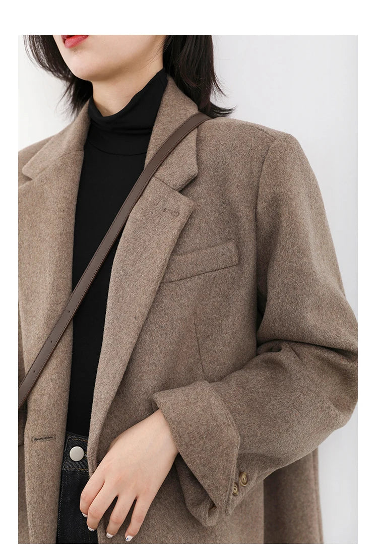Women's Wool Blend Coat Solid Mid Long Woollen Blazer Thick Warm Blouse Overcoat Office Autumn Winter Jacket - The Clothing Company Sydney