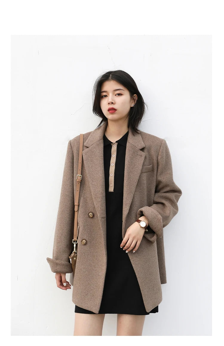 Women's Wool Blend Coat Solid Mid Long Woollen Blazer Thick Warm Blouse Overcoat Office Autumn Winter Jacket - The Clothing Company Sydney