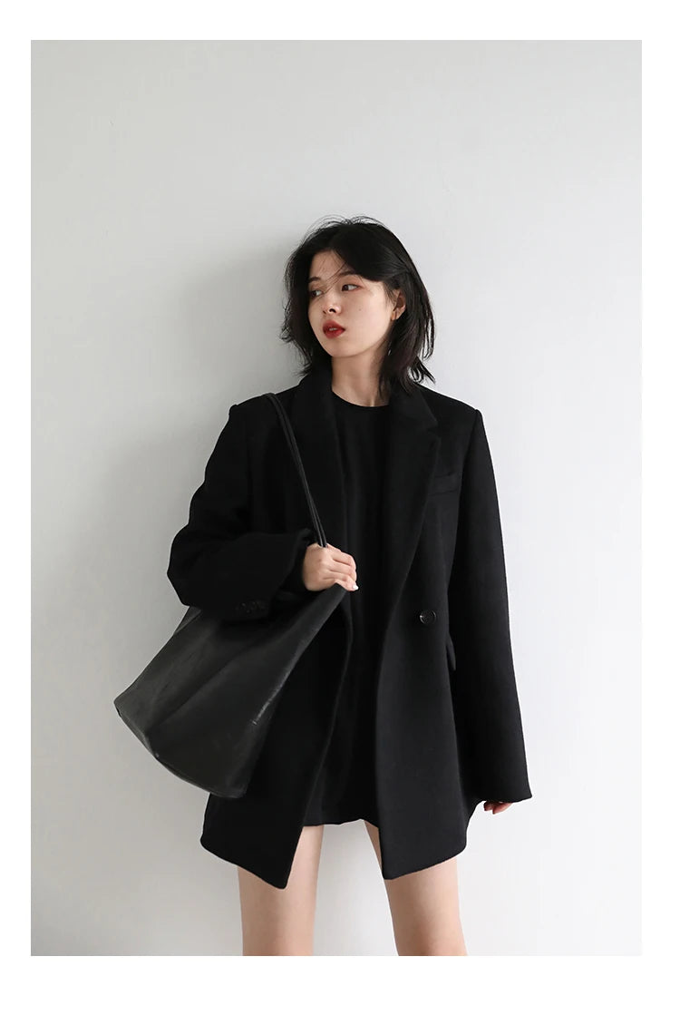 Women's Wool Blend Coat Solid Mid Long Woollen Blazer Thick Warm Blouse Overcoat Office Autumn Winter Jacket - The Clothing Company Sydney