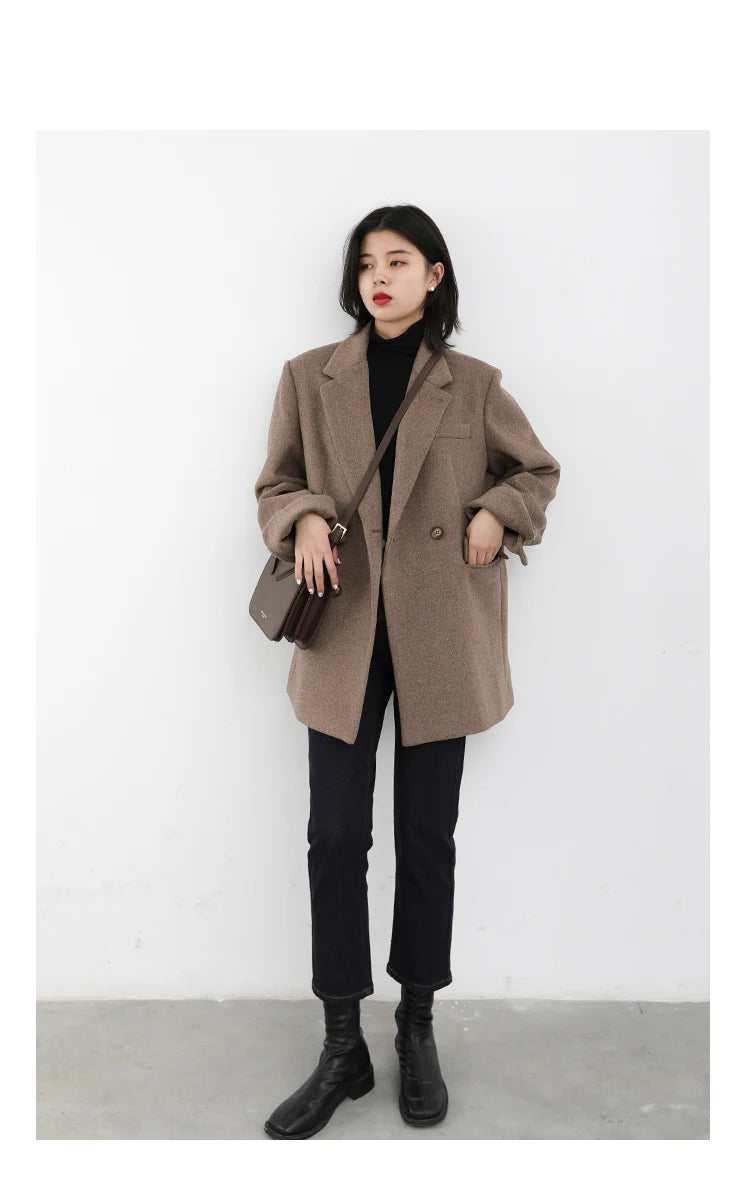 Women's Wool Blend Coat Solid Mid Long Woollen Blazer Thick Warm Blouse Overcoat Office Autumn Winter Jacket - The Clothing Company Sydney