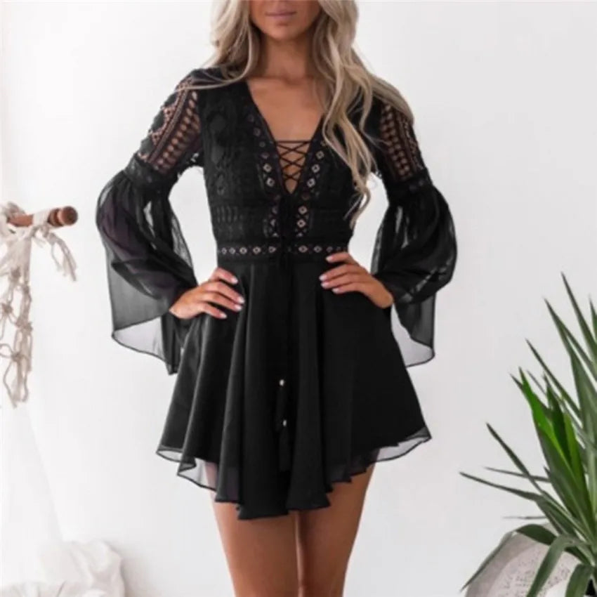 Hollow Out White Women's Mini Chiffon Semi-Sheer Plunge V-Neck Long Sleeve Crochet Lace Dress - The Clothing Company Sydney