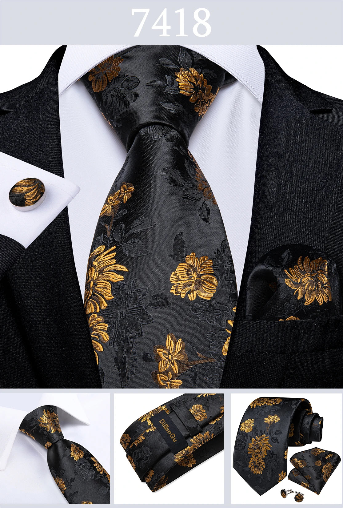 Fashion Men's Tie Luxury Gold Blue Black Striped Paisley Silk Wedding Tie For Men Designer Hanky Cufflinks Gift Tie Set - The Clothing Company Sydney