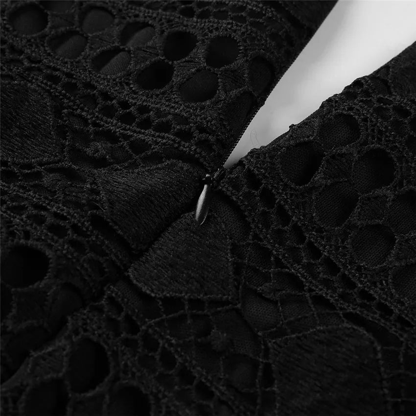 Hollow Out White Women's Mini Chiffon Semi-Sheer Plunge V-Neck Long Sleeve Crochet Lace Dress - The Clothing Company Sydney