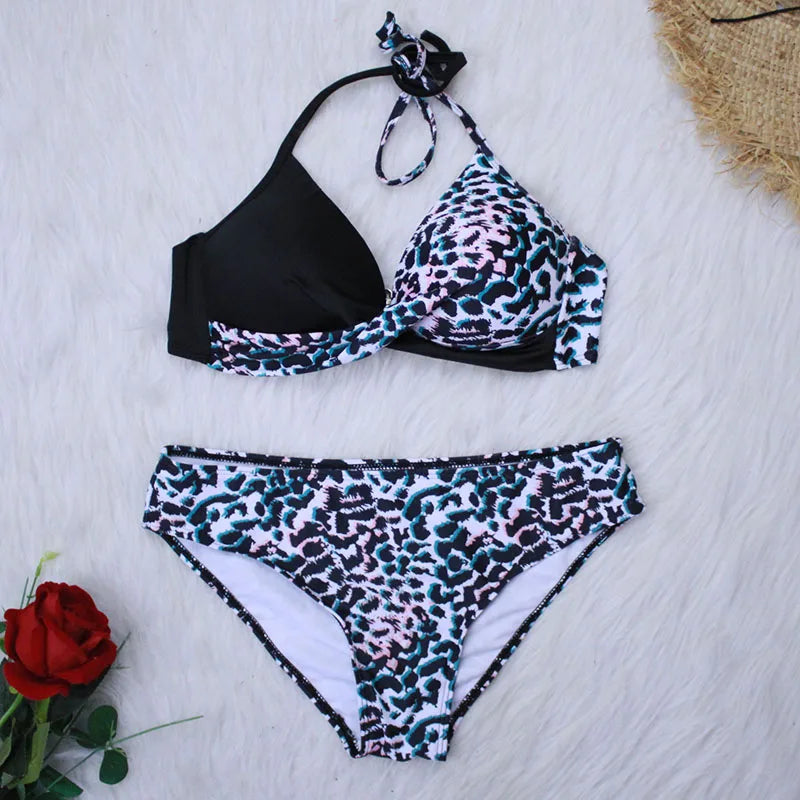 2 Piece Push Up Swimwear Women Swimsuits Bathing Suit Halter Leaf Print Beach Wear Bikini Set The Clothing Company Sydney