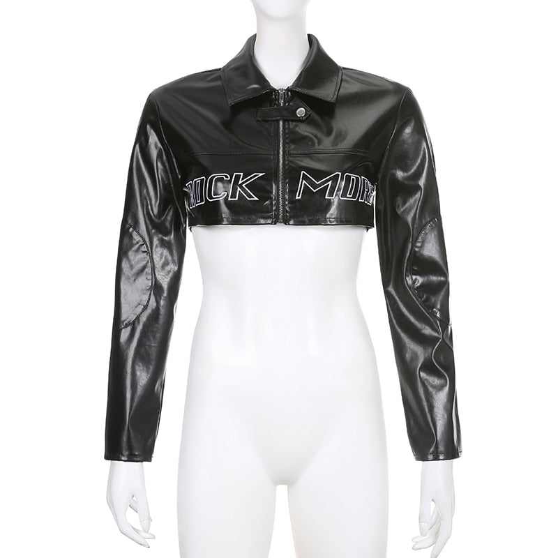 Streetwear Fashion Grunge Zip Up Black PU Leather Jacket Female Letter Embroidery Autumn Coat Motorcycle Jacket Crop Top The Clothing Company Sydney