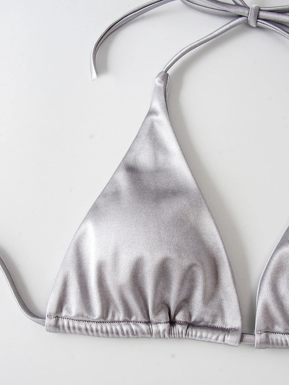 Metallic Halter Triangle Swimsuit Women Swimwear Bathing Suits Brazilian Thong Micro Bikinis Set Beach Wear - The Clothing Company Sydney