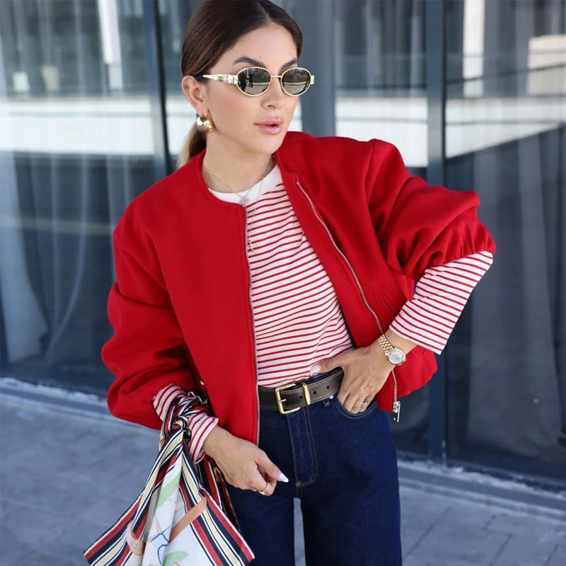 Women's Red Zipper Bomber Jackets Soft Cropped Jackets Long Sleeve Sports Jacket Outerwear The Clothing Company Sydney