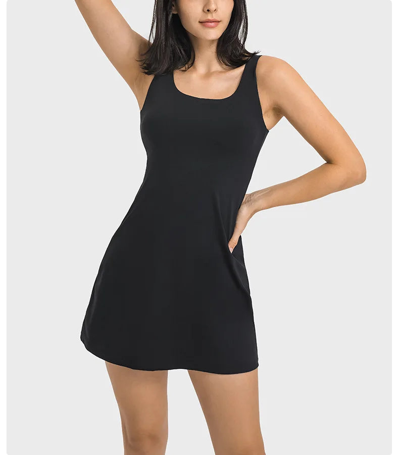 Square Neck Tennis Golf Dress Skirt Sleeveless Exercise Sport Dresses with Built In Shorts Pocket - The Clothing Company Sydney