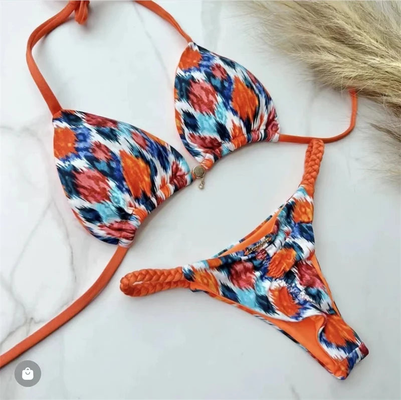Women's Bikini Roped Swimsuit Set Split European And American Printed Beach Swimwear - The Clothing Company Sydney