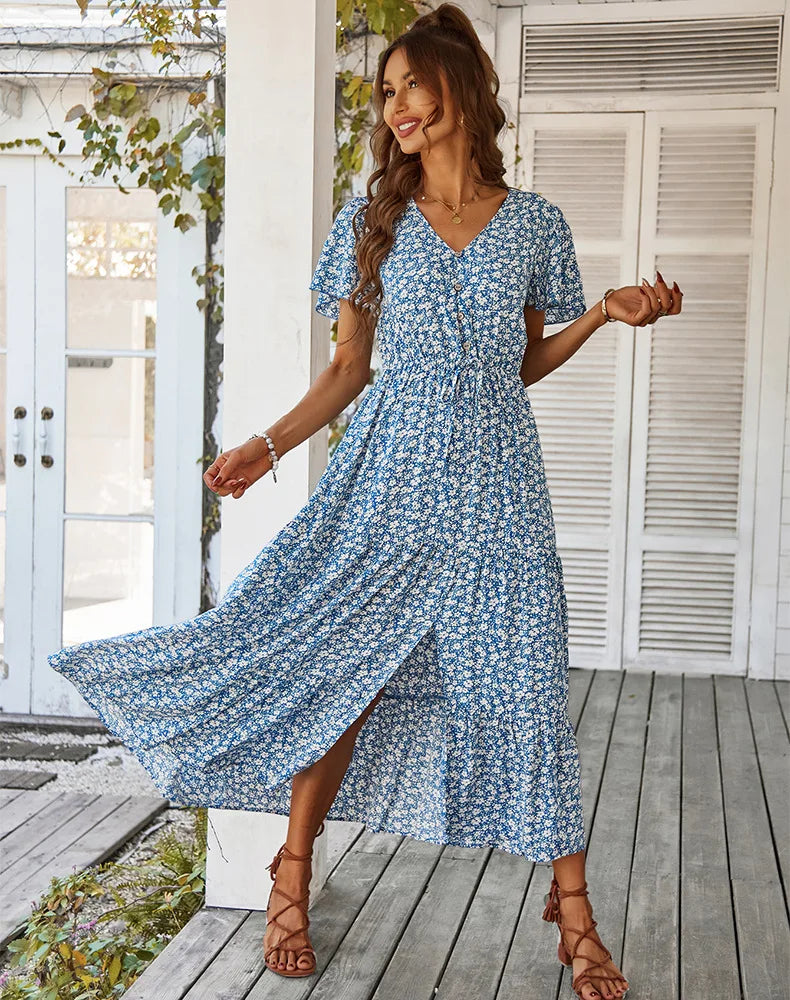 Vintage Floral Dresses for Women Elegant Loose Slit Summer Beach Holiday Leisure Long High Waist Print Dress - The Clothing Company Sydney