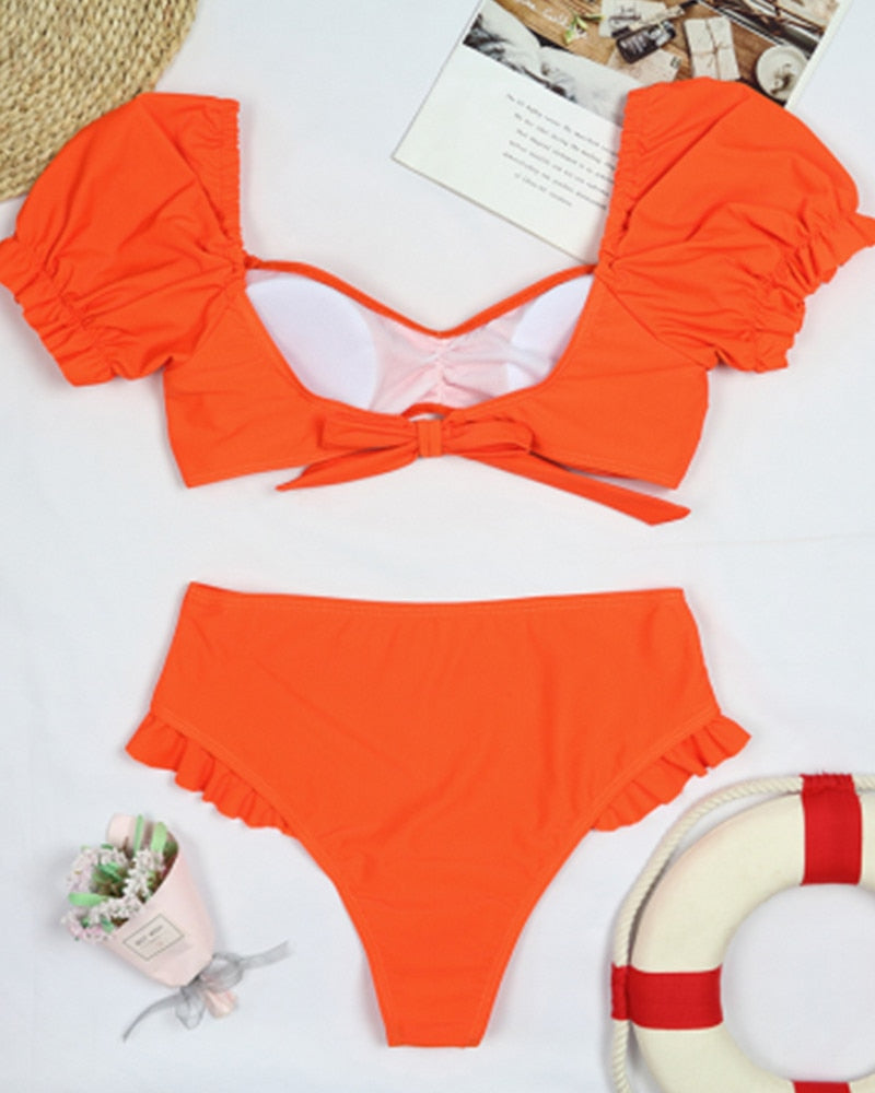 2 Piece Women Swimsuit Solid Colour Short Puff Sleeve Summer High Waist Cut Backless Bathing Suit Beachwear Bikini Set The Clothing Company Sydney