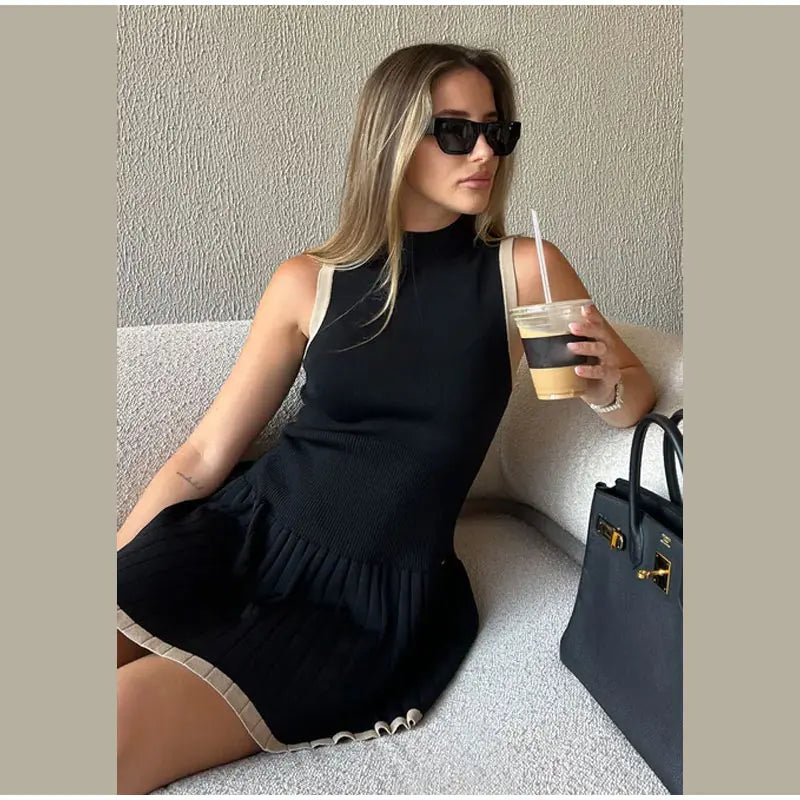 Women's Knitted O-neck Mini Dress Elegant Sleeveless High Waist Pleated Dresses - The Clothing Company Sydney