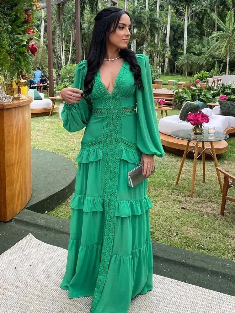 Women V-neck Lantern Long Sleeves Maxi Dress Elegant Patchwork Ruffles Hollow Lace Slim Summer Dress - The Clothing Company Sydney