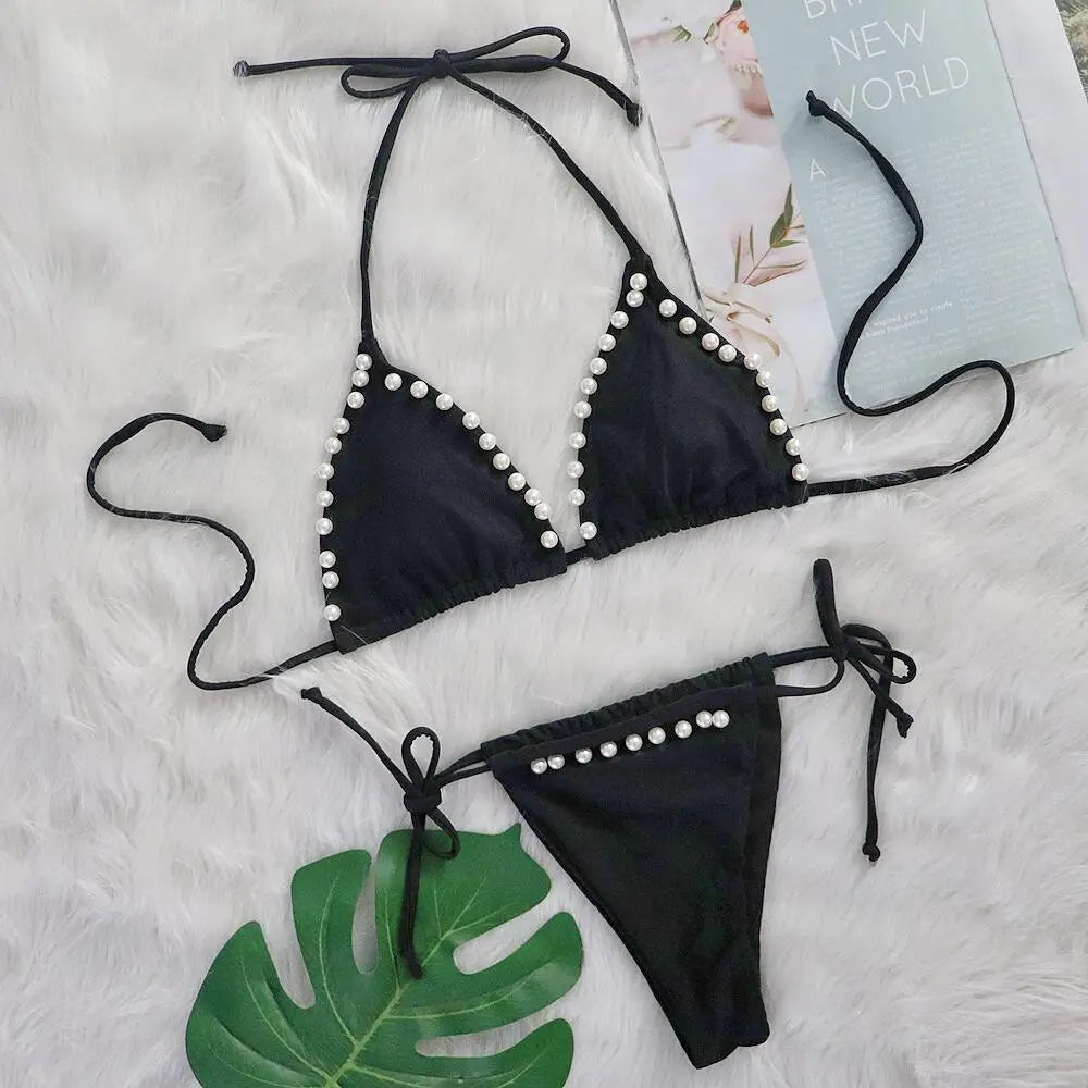 Rhinestone Two 2 Piece Swimsuit Crystal Thong String Bikini Set Women Swimwear Beach Wear Bathing Suit - The Clothing Company Sydney