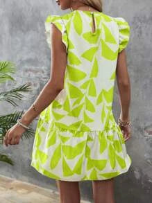 Lotus Leaf Print Ruffle Sleeve Short Dress - The Clothing Company Sydney
