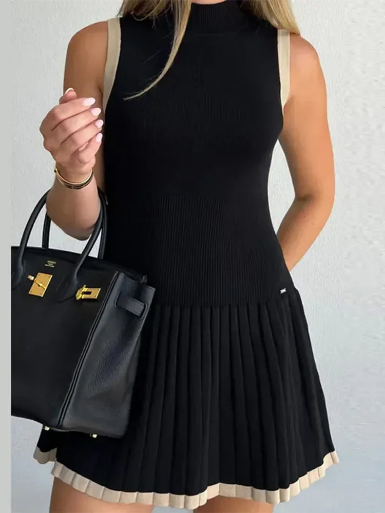 Women's Knitted O-neck Mini Dress Elegant Sleeveless High Waist Pleated Dresses - The Clothing Company Sydney
