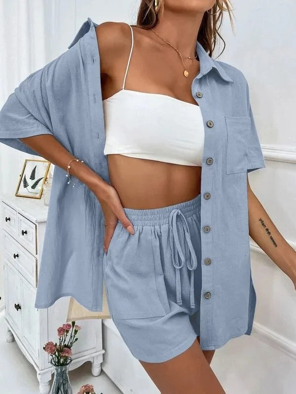 Casual Loose Single-breasted Top And Drawstring Shorts Set Fashion Ladies Suits Summer 2 Piece Set  Matching Outfits - The Clothing Company Sydney
