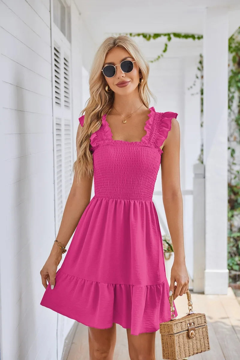 Womens Summer Casual Boho Sleeveless Backless Square Neck Smocked Ruffle Mini Dress A-Line Swing Sundress - The Clothing Company Sydney