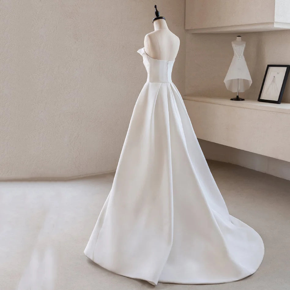 Luxury White Satin Trailing Wedding Dresses Women Elegant Strapless Long Prom Party Bridal Dress - The Clothing Company Sydney