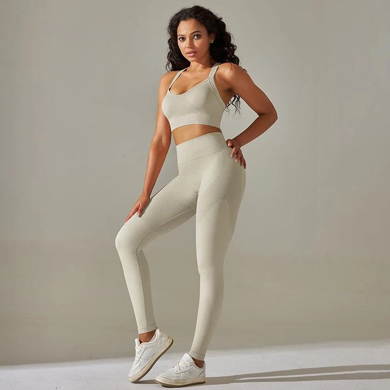 Cross Back Strap Yoga Set Women High Waist Leggings Running Workout Suits Sportswear Seamless Fitness Clothes Tracksuit Set - The Clothing Company Sydney