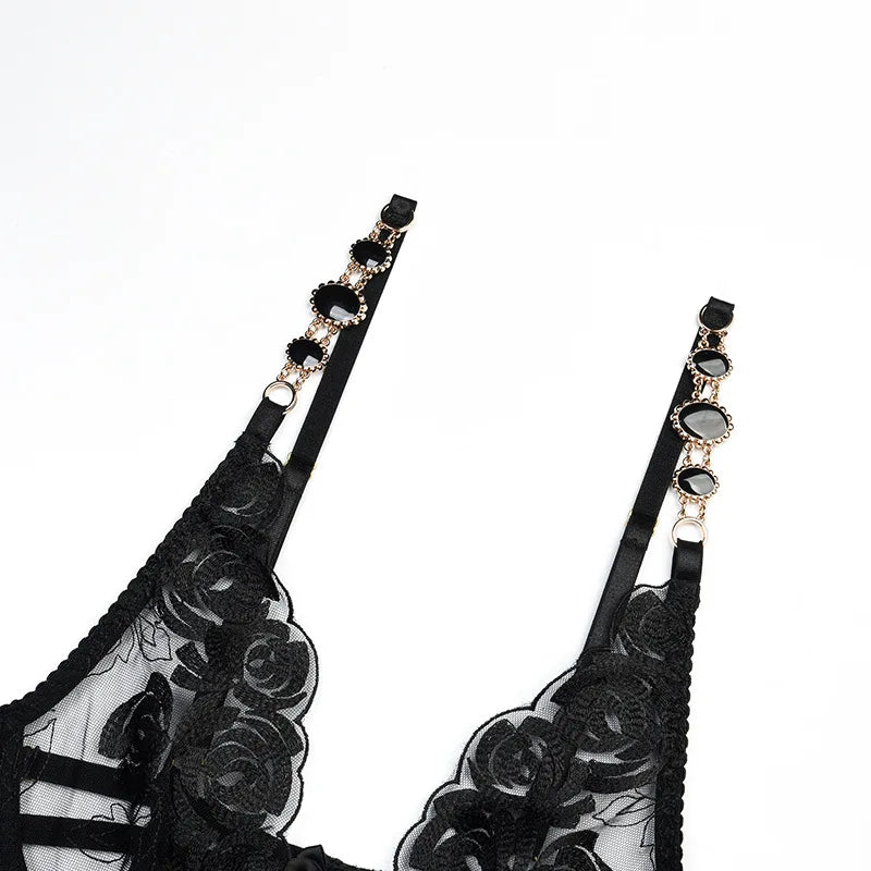 3 Piece Lingerie Luxury Jewel Shoulder Strap Underwear Garter Lace IntimateLingerie Set - The Clothing Company Sydney