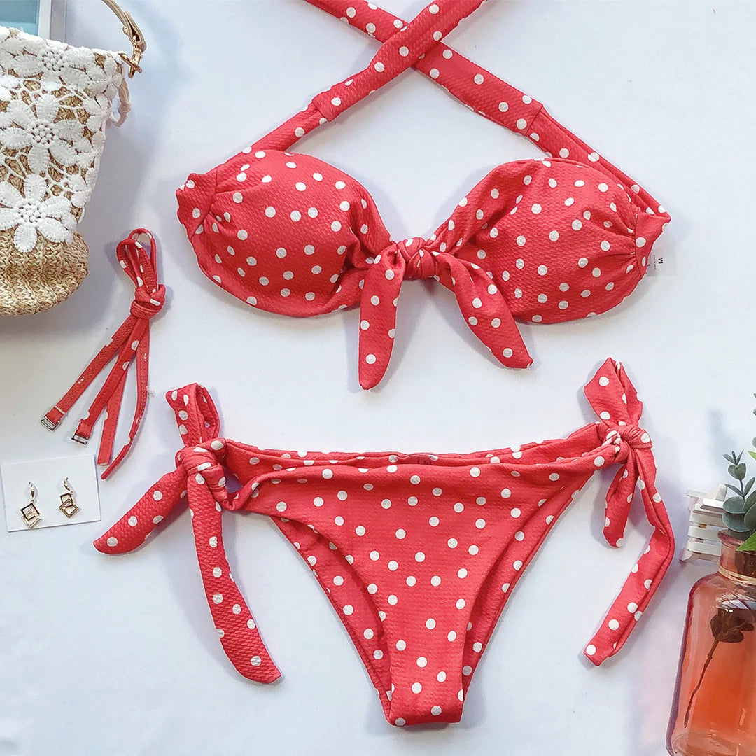 Polka Dot Knotted Bandeau Brazilian Bikini Women Swimwear Female Swimsuit Two-pieces Bikini set Bather Bathing Suit - The Clothing Company Sydney
