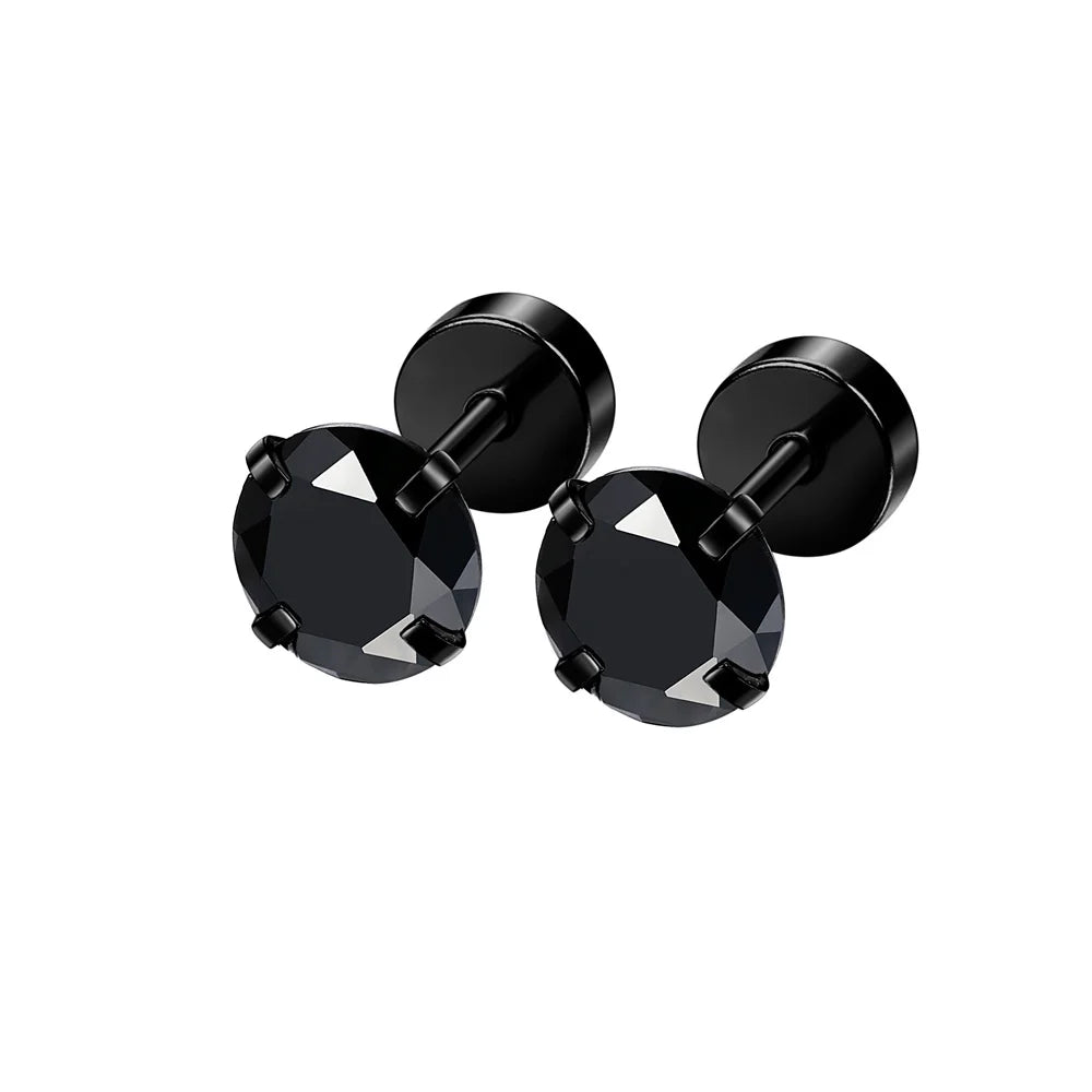 3-8mm Small Black Silver Colour Earrings Stone CZ Crystal Ear Studs Surgical Steel Cubic Unisex Accessories - The Clothing Company Sydney