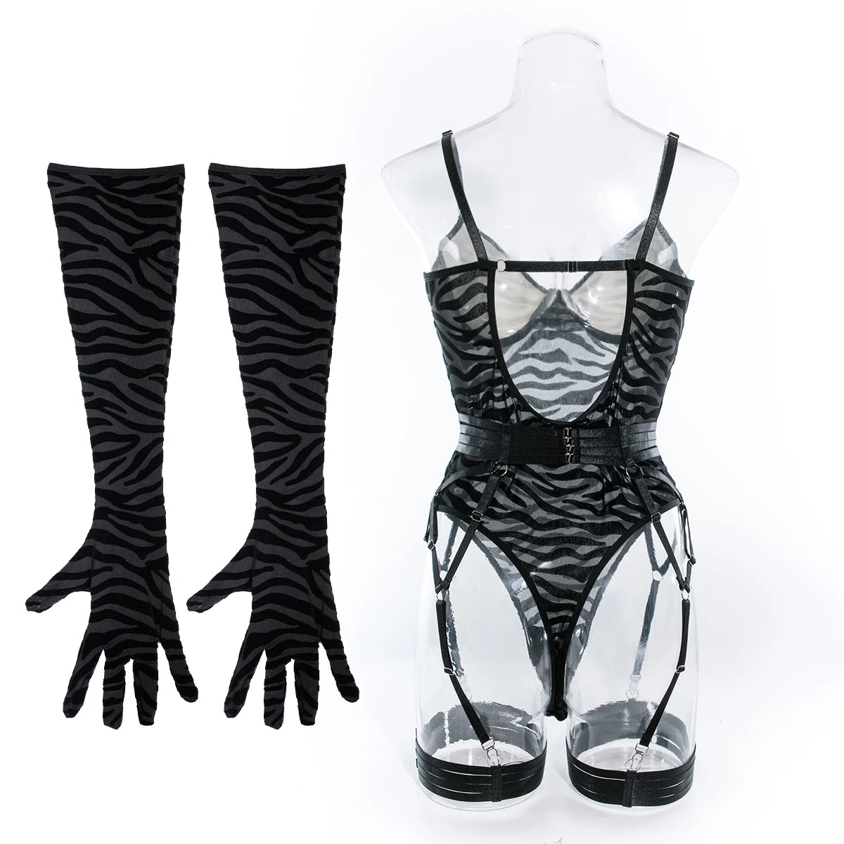 Tight Fitting Lace Bodysuit With Gloves Garter Night Club Outfit Mesh Top Lingerie Set - The Clothing Company Sydney