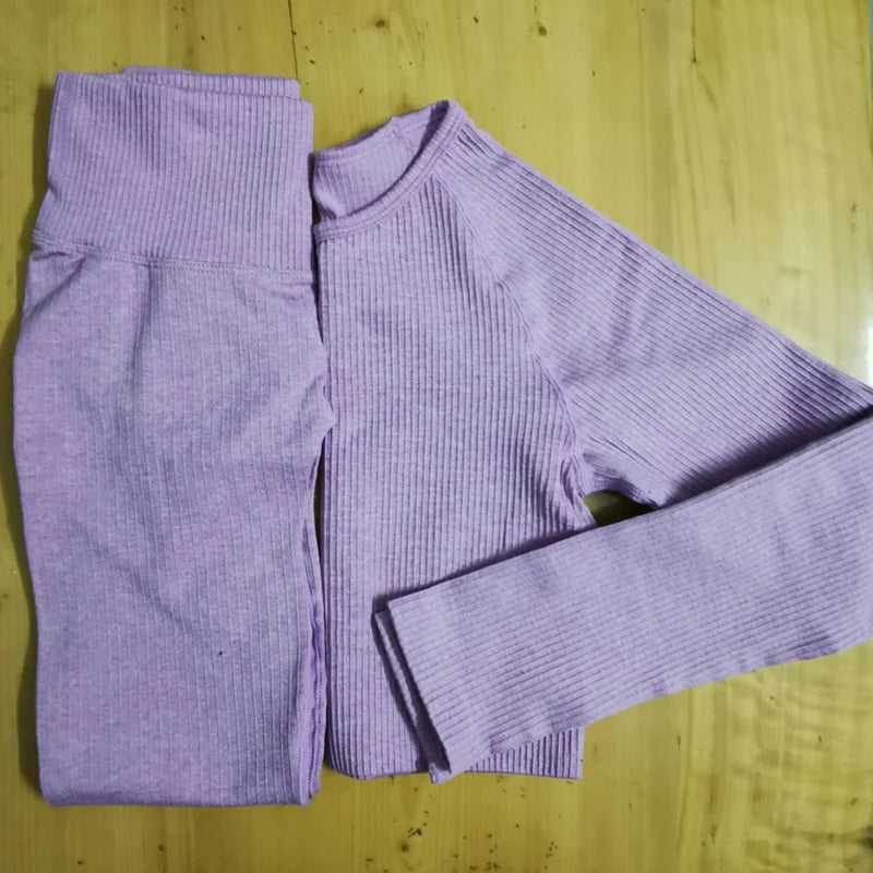 2 Piece Set Women Ribbed Seamless Long Sleeve Yoga Sets Workout Women's High Waist Sports Legging Long Sleeve Top The Clothing Company Sydney