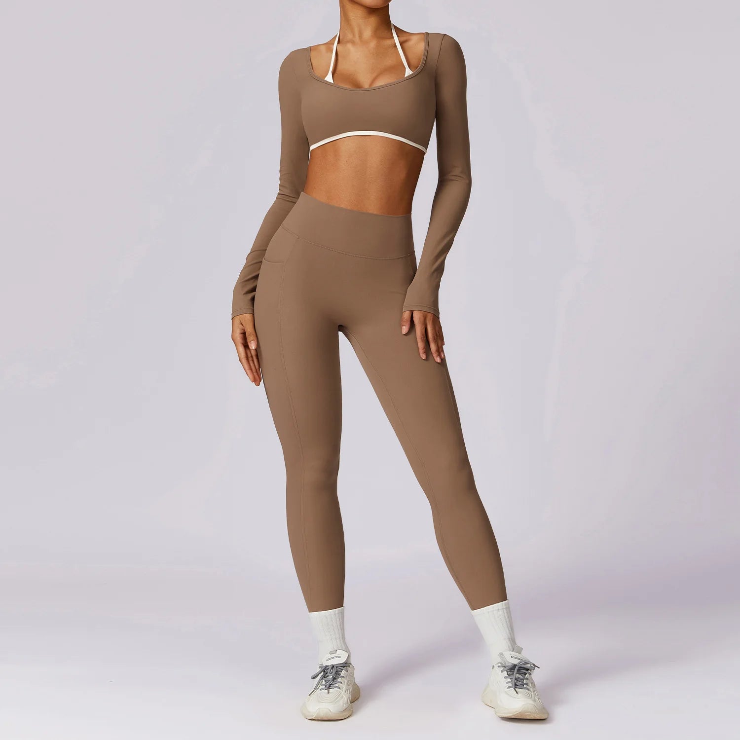 2 Piece Womens Tracksuit Yoga Set Workout Sportswear Gym Clothing Fitness Long Sleeve Crop Top High Waist Leggings Sports Suits - The Clothing Company Sydney