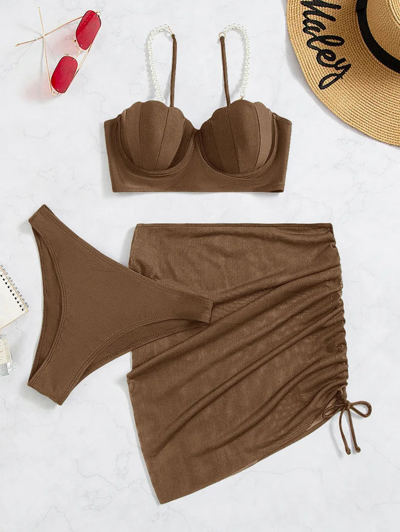 3 Piece Women's Swimsuit Off Shoulder Suspender Pure Cotton Fashion Backless Beach Split Swimwear - The Clothing Company Sydney