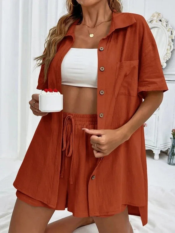 Casual Loose Single-breasted Top And Drawstring Shorts Set Fashion Ladies Suits Summer 2 Piece Set  Matching Outfits - The Clothing Company Sydney