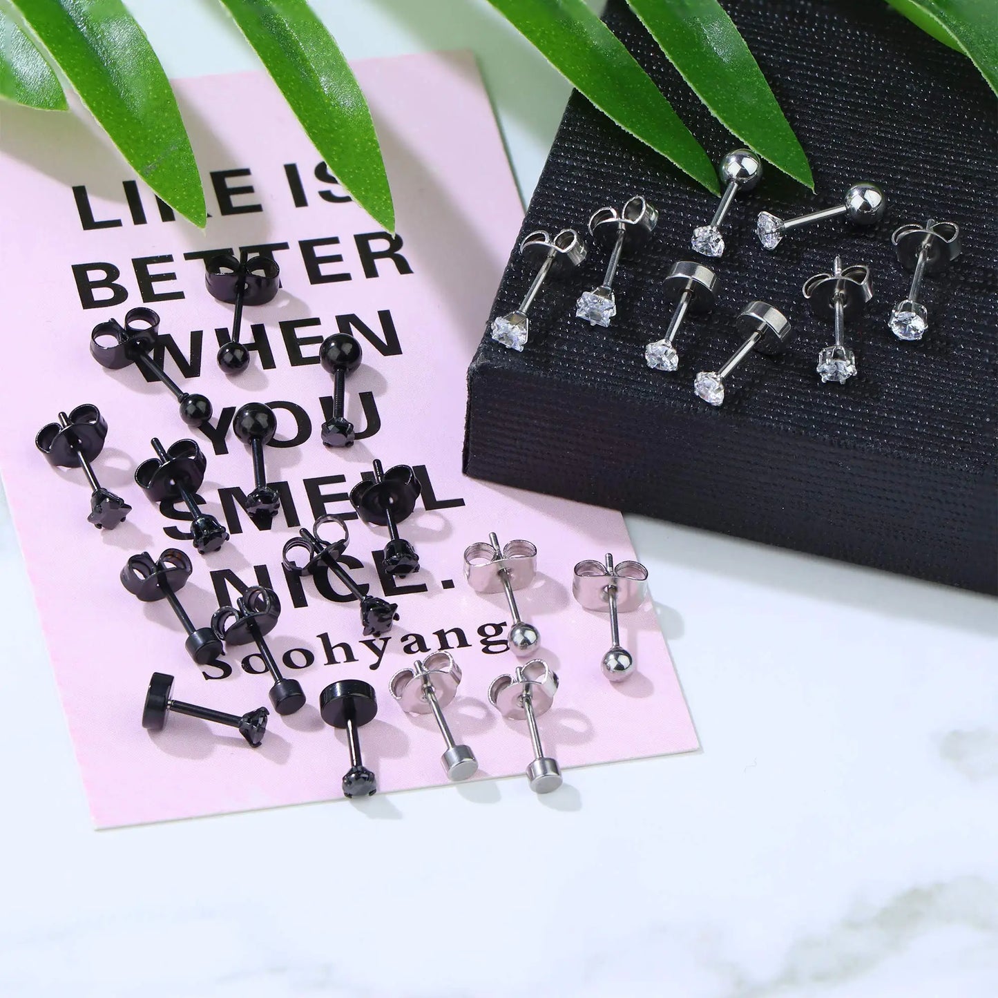 3-8mm Small Black Silver Colour Earrings Stone CZ Crystal Ear Studs Surgical Steel Cubic Unisex Accessories - The Clothing Company Sydney
