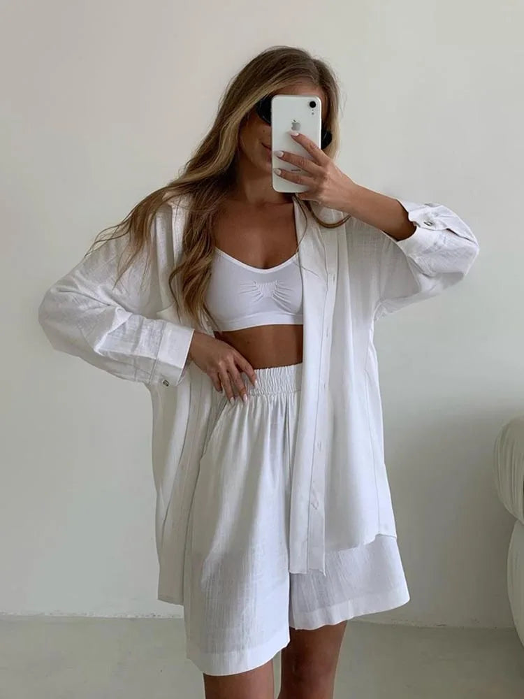 Summer Women's Suit Cotton Casual Shorts and Shirts 2 Piece Matching Outfit Set Linen Fashion Blouse Women's Suit - The Clothing Company Sydney