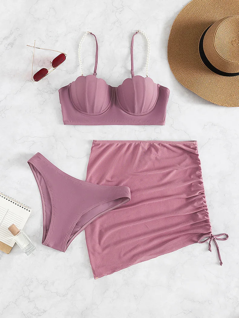 3 Piece Women's Swimsuit Off Shoulder Suspender Pure Cotton Fashion Backless Beach Split Swimwear - The Clothing Company Sydney