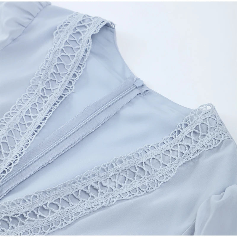 Women V-neck Lantern Long Sleeves Maxi Dress Elegant Patchwork Ruffles Hollow Lace Slim Summer Dress - The Clothing Company Sydney