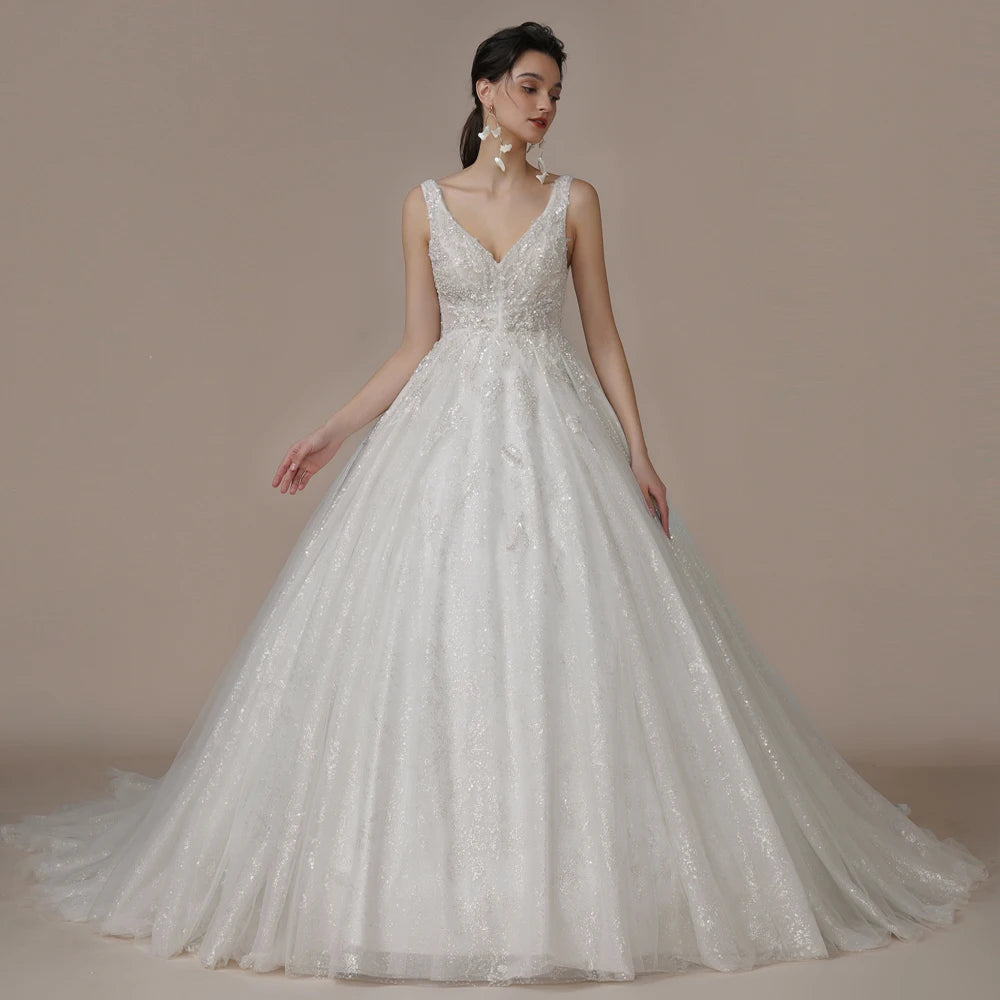 Princess Strapless Ivory Glitter Wedding Dresses Court Train Bride 3D Flower Romantic Shinny Bridal Gown The Clothing Company Sydney