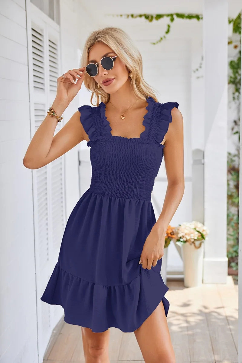 Womens Summer Casual Boho Sleeveless Backless Square Neck Smocked Ruffle Mini Dress A-Line Swing Sundress - The Clothing Company Sydney
