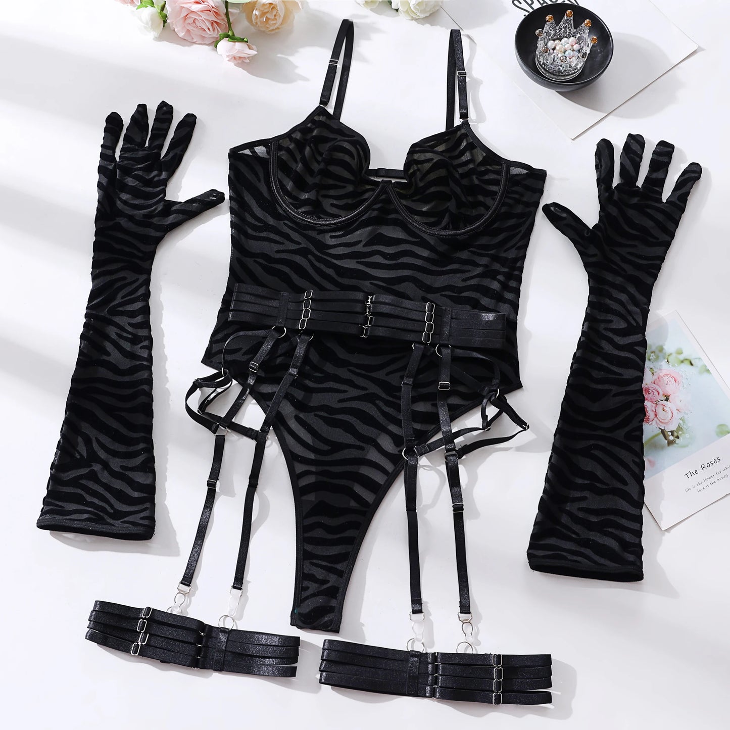 Tight Fitting Lace Bodysuit With Gloves Garter Night Club Outfit Mesh Top Lingerie Set - The Clothing Company Sydney