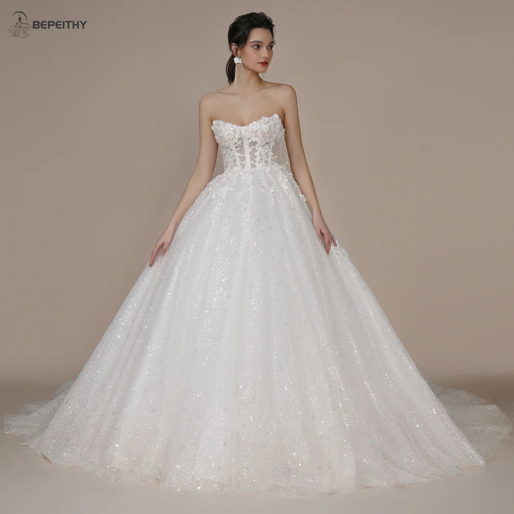 Princess Strapless Ivory Glitter Wedding Dresses Court Train Bride 3D Flower Romantic Shinny Bridal Gown The Clothing Company Sydney
