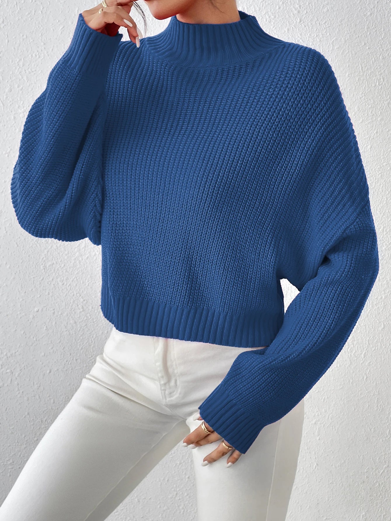 Women's Ribbed Knitted Sweater Mock Neck Long Sleeve Pullover High Neck Drop Shoulder Jumper - The Clothing Company Sydney