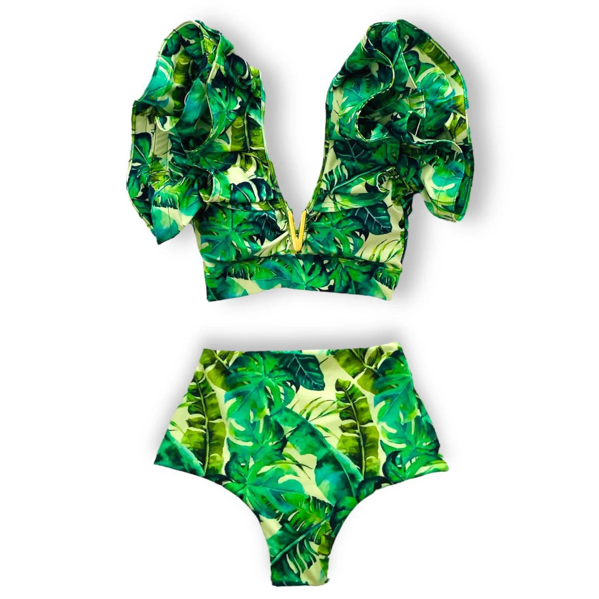V-Neck High Waist Bikini Sets Shoulder Ruffled Printed Swimsuit Two Piece Swimwear Bathing Suits The Clothing Company Sydney