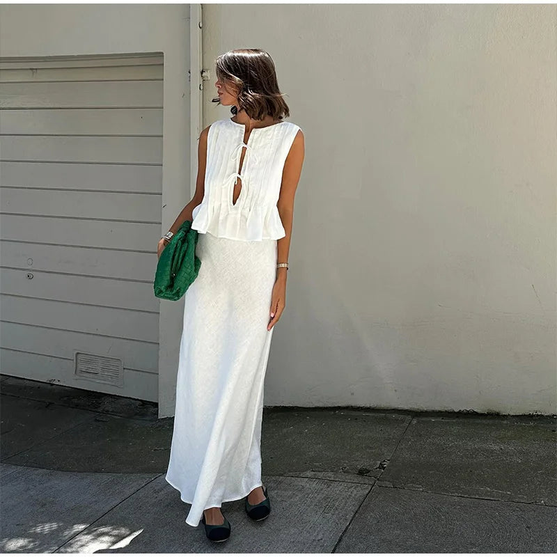 Elegant White Set 2 Piece Woman Chic Lace Up O Neck Ruffled Edge Short Matching Set Summer Street Outfit - The Clothing Company Sydney