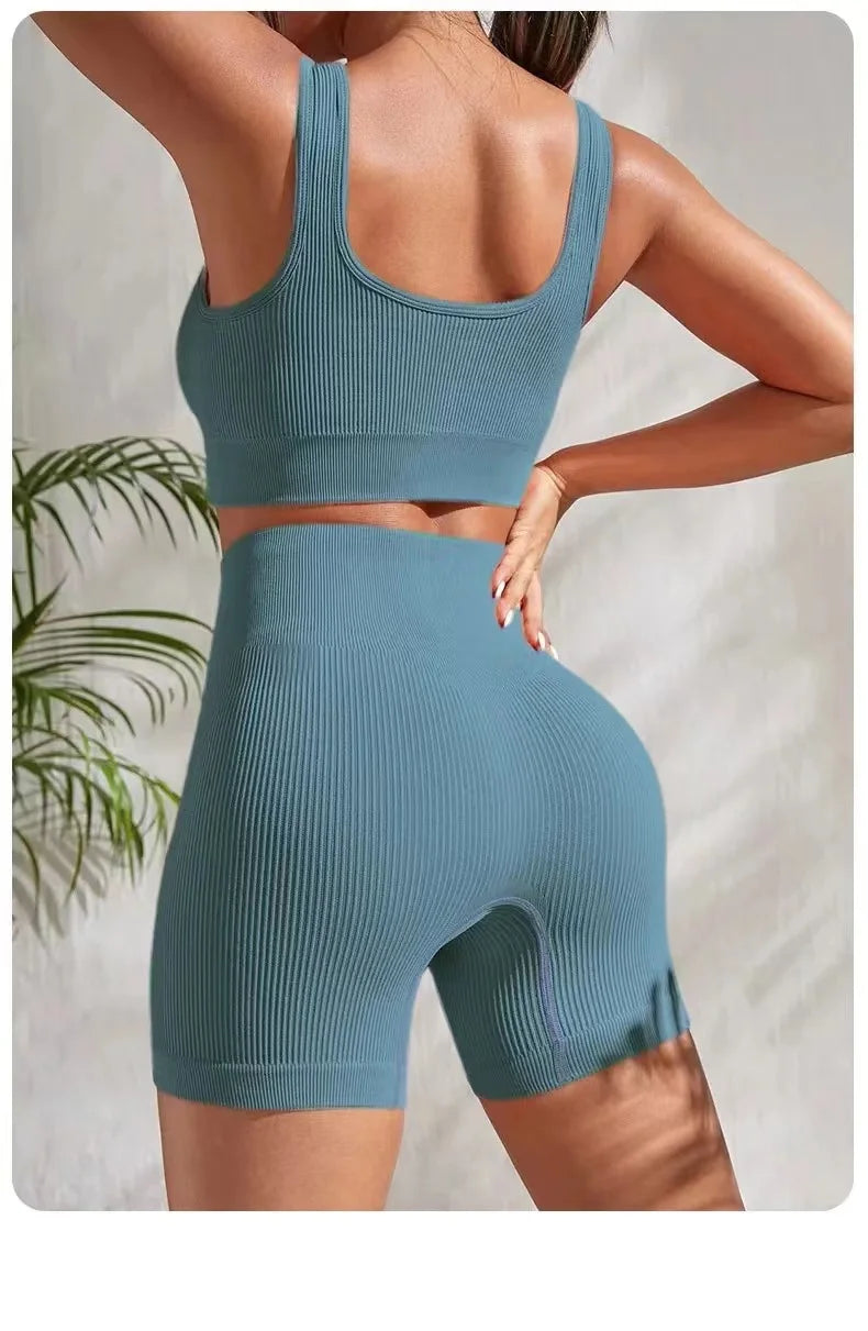 2 Piece Ribbed Yoga Sports Women Seamless Crop Top Bra Shorts Yoga Set Elastic Sportsuit Workout Outfit Fitness Gym Clothes The Clothing Company Sydney