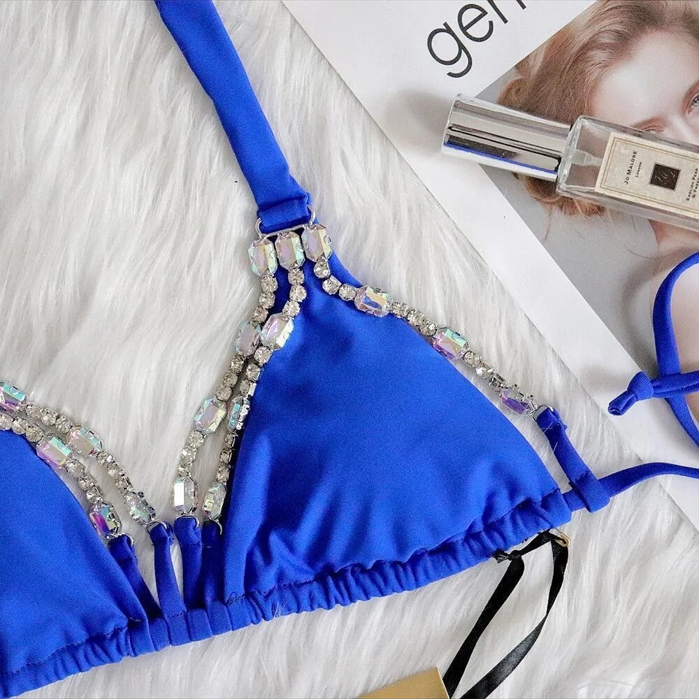 Rhinestone Two 2 Piece Swimsuit Crystal Thong String Bikini Set Women Swimwear Beach Wear Bathing Suit - The Clothing Company Sydney