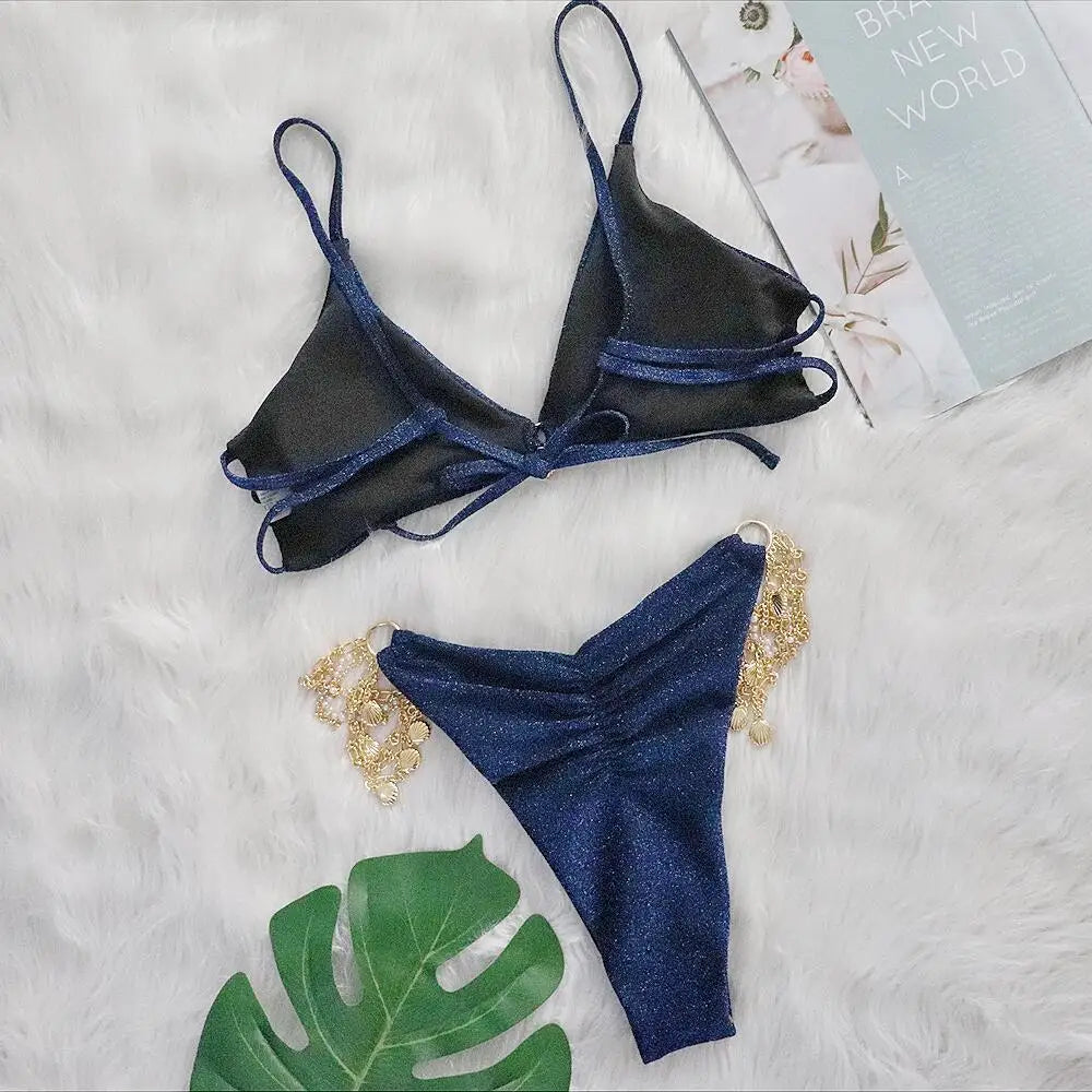 Rhinestone Two 2 Piece Swimsuit Crystal Thong String Bikini Set Women Swimwear Beach Wear Bathing Suit - The Clothing Company Sydney