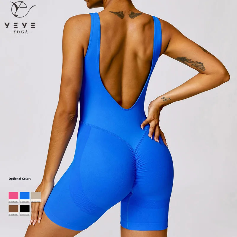 Women's Romper Yoga Hollow Backless Scrunch Seamless One Piece Outfit Fitness Overalls Playsuit Gym Sport Short Jumpsuit - The Clothing Company Sydney