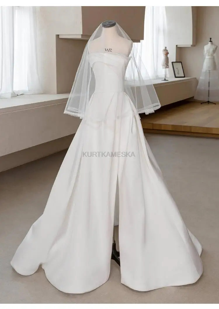 Luxury White Satin Trailing Wedding Dresses Women Elegant Strapless Long Prom Party Bridal Dress - The Clothing Company Sydney