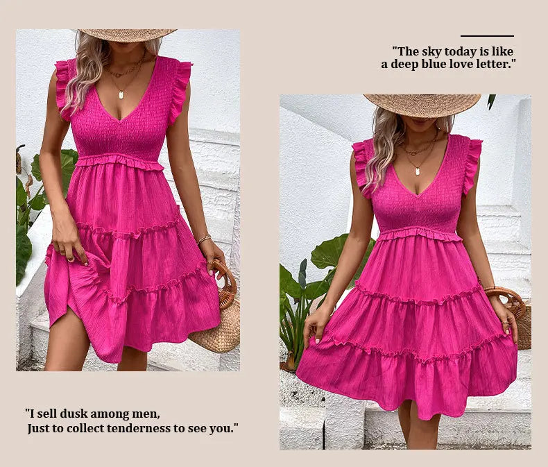 Summer Midi Dresses Casual Red Ruffle Big Hem Holiday Beach Dress Fashion Sleevelee V Neck Dresses - The Clothing Company Sydney