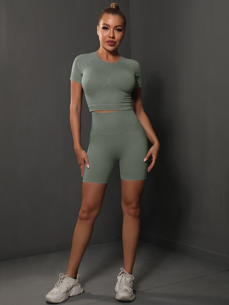 2 Piece Seamless Yoga Set Gym Sportswear Sport Top and High Waist Short Suit Fitness Workout Butt Lifting Short Tight Suit The Clothing Company Sydney